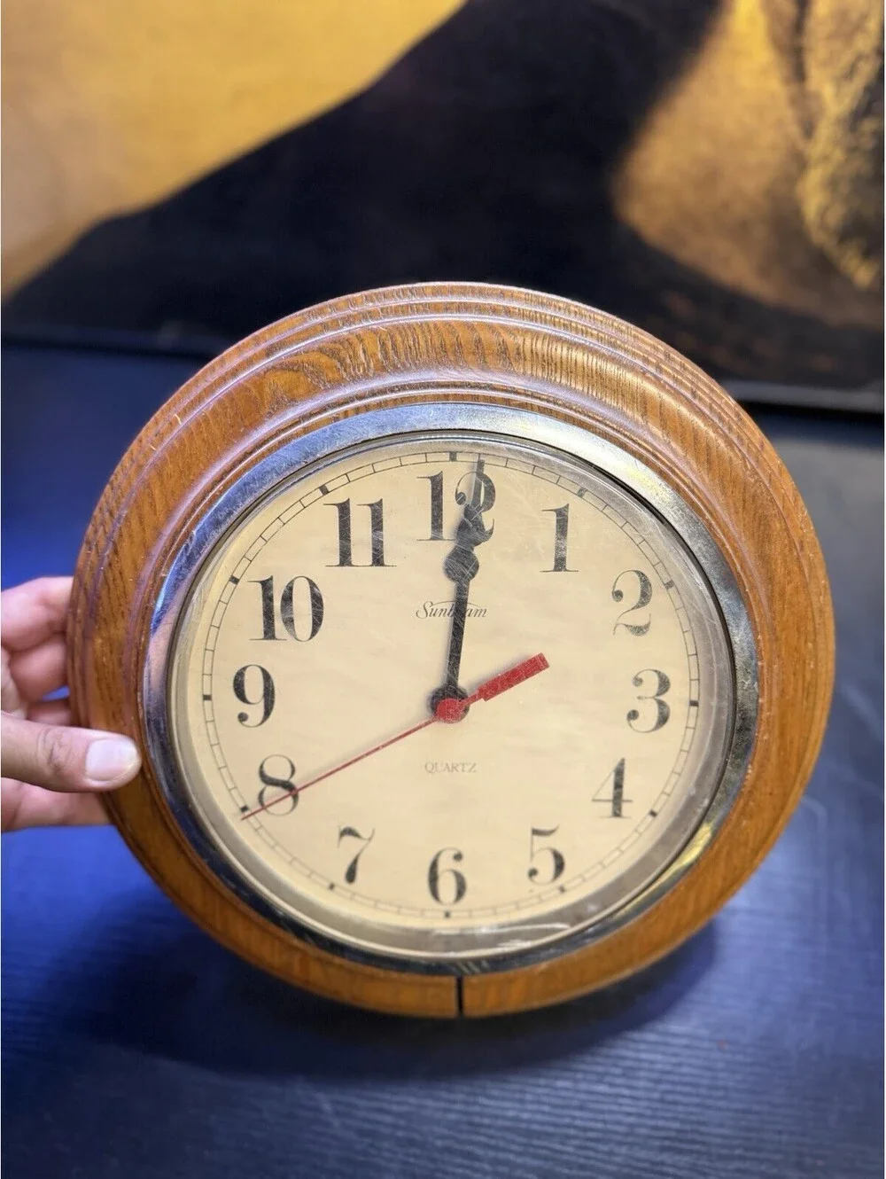 Vintage U.S.A Made Sunbeam Wood Wall Clock Quartz Battery 882-815 Art Deco MCM
